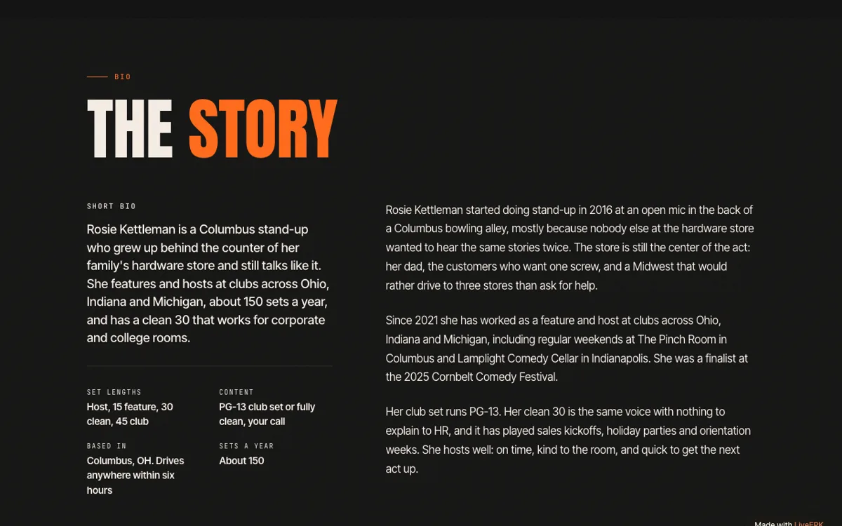 The bio section of a comedian press kit: a short bio beside a details list with set lengths, content rating, home base and sets a year
