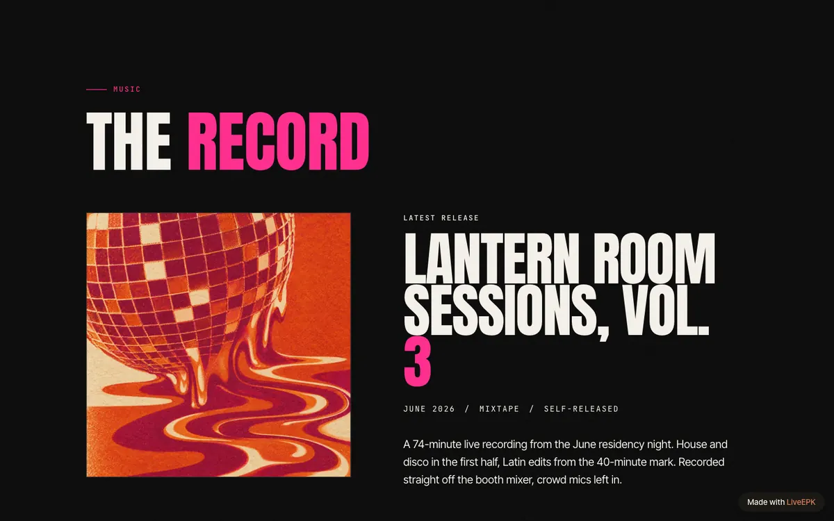 The music section of a DJ press kit: cover art beside the title Lantern Room Sessions, Vol. 3, a 74-minute live recording