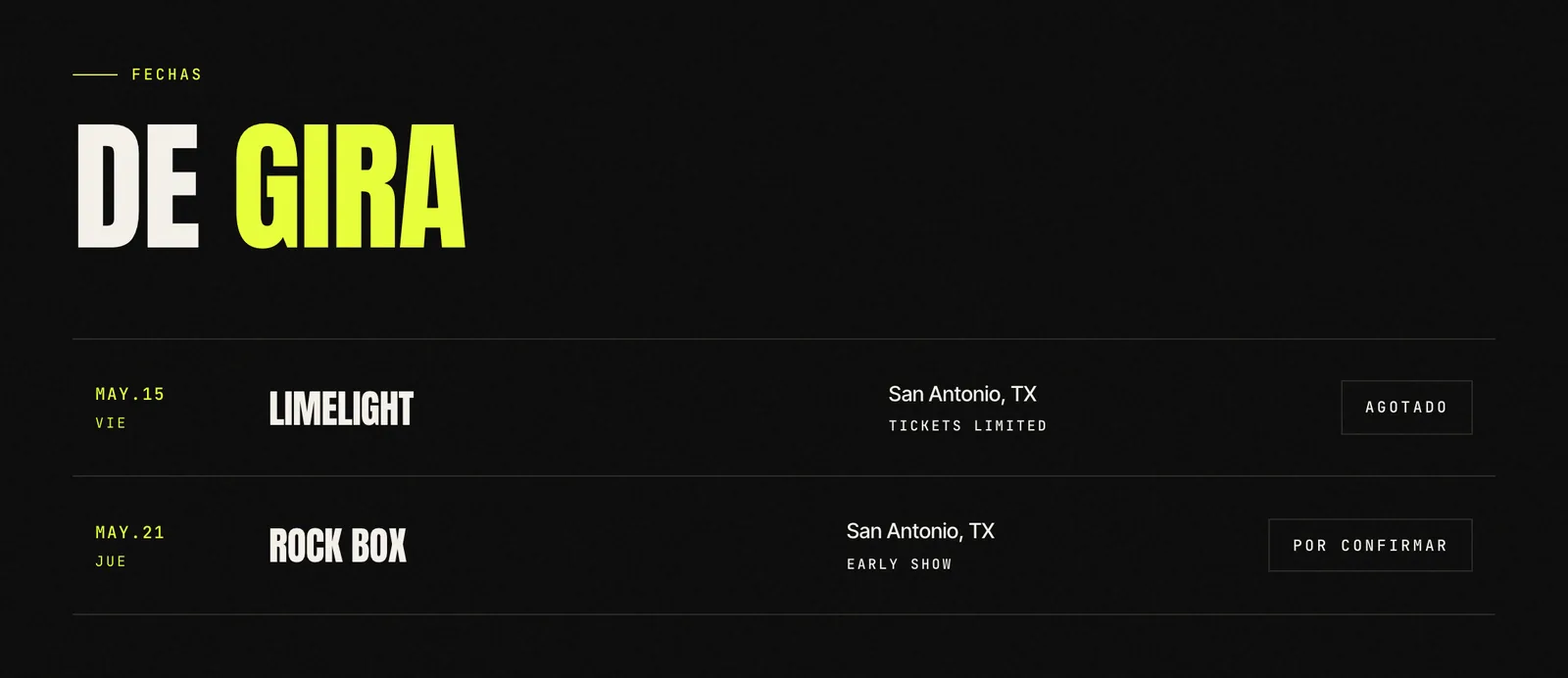 Sección de fechas de un EPK de LiveEPK en español: título Fechas, De gira, días de la semana VIE y JUE, y los estados Agotado y Por confirmar