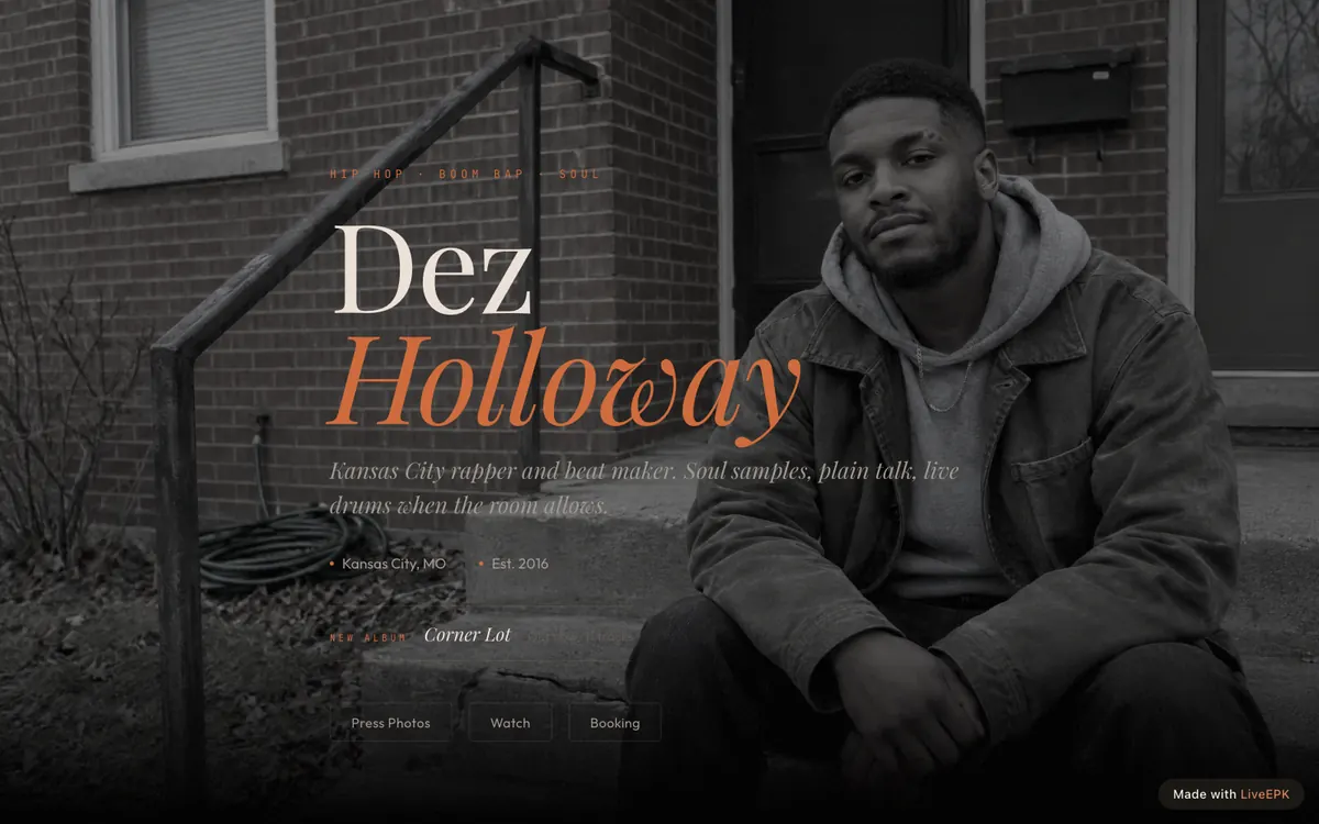 Sample hip hop EPK for Dez Holloway: a rapper sitting on the front steps of a brick building, his name in serif type