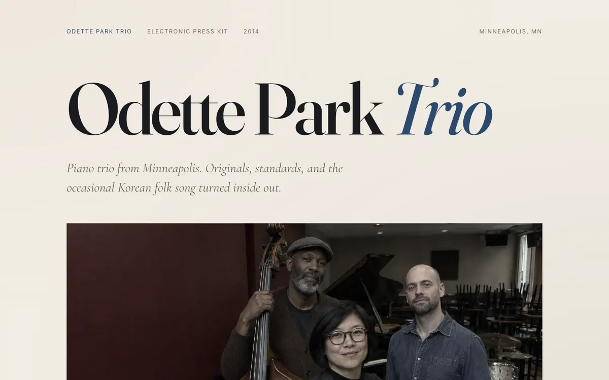 Sample jazz EPK for the Odette Park Trio: a light page with the trio&rsquo;s name in large serif type above a photo of three musicians in an empty club