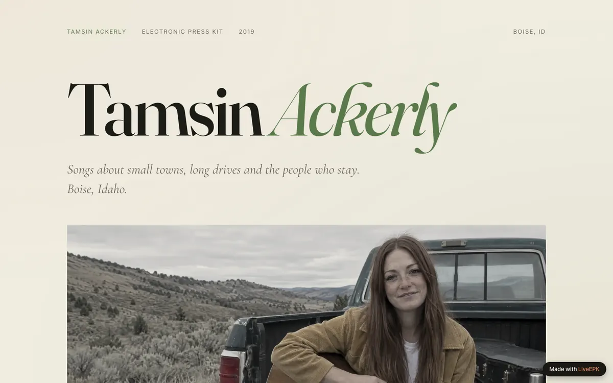 Sample singer-songwriter EPK for Tamsin Ackerly: a light page with her name in serif type above a photo of her on a truck tailgate with an acoustic guitar