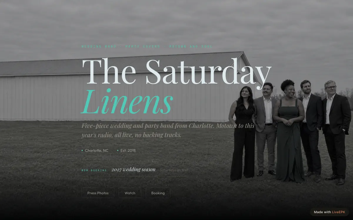 Sample wedding band EPK for The Saturday Linens: five musicians in formal wear on a lawn beside a white barn