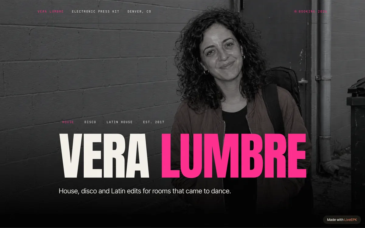 A DJ press kit built with LiveEPK: a DJ standing by a venue door, with her name in large white and pink type and the line House, disco and Latin edits for rooms that came to dance