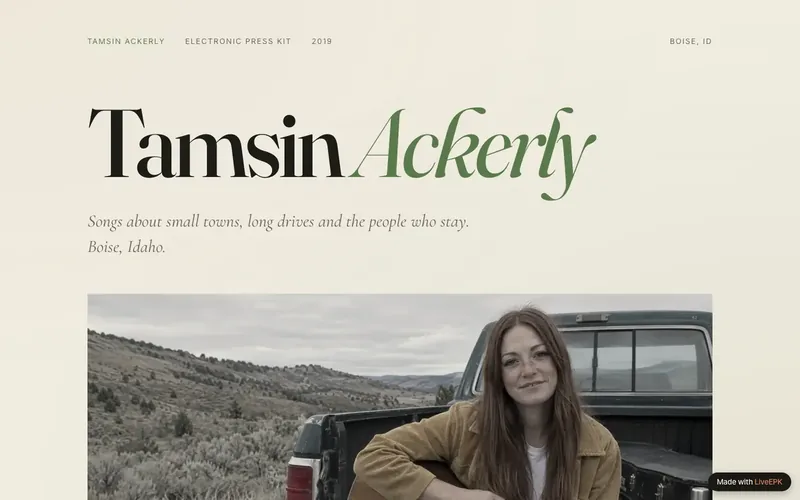 Tamsin Ackerly's sample EPK, a singer-songwriter