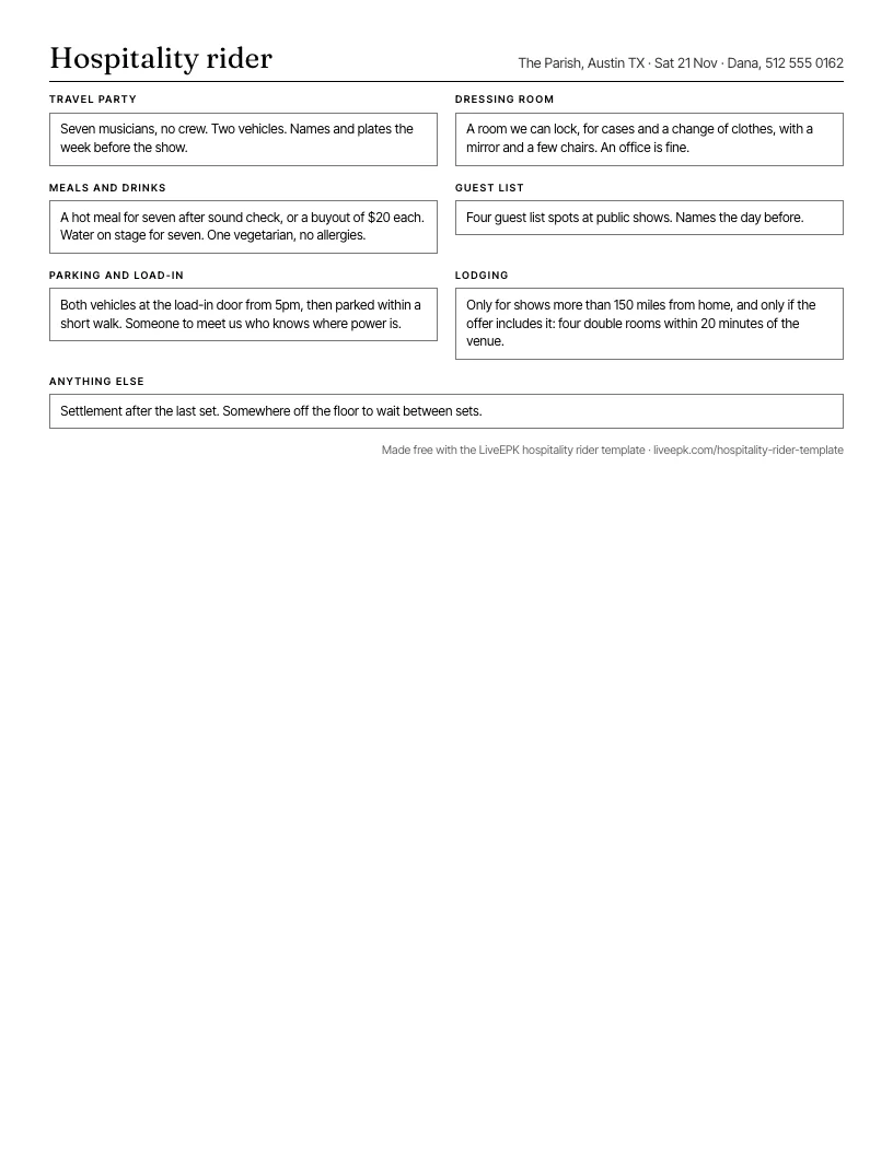 A printed one-page hospitality rider: travel party, dressing room, meals and drinks, guest list, parking and load-in, lodging