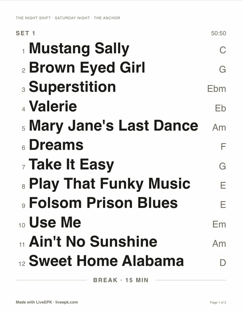 Cover band setlist template, stage copy: set one, twelve song titles in large bold type with keys