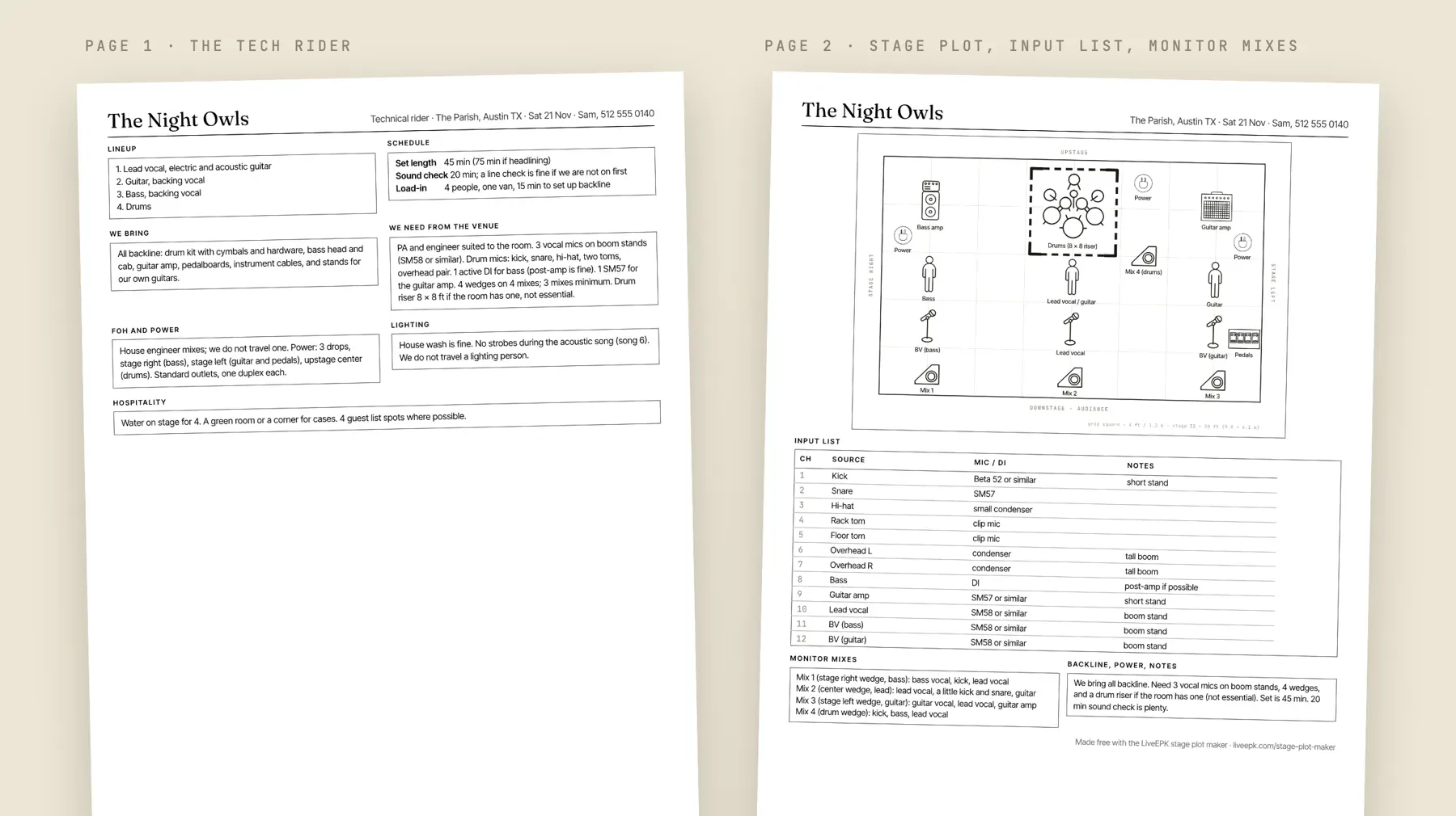 The two-page PDF from LiveEPK's free tech rider and stage plot maker. Page one is the written tech rider: lineup, schedule, what the band brings, what it needs from the venue, power, lighting, hospitality. Page two is the stage plot with the input list and monitor mixes.