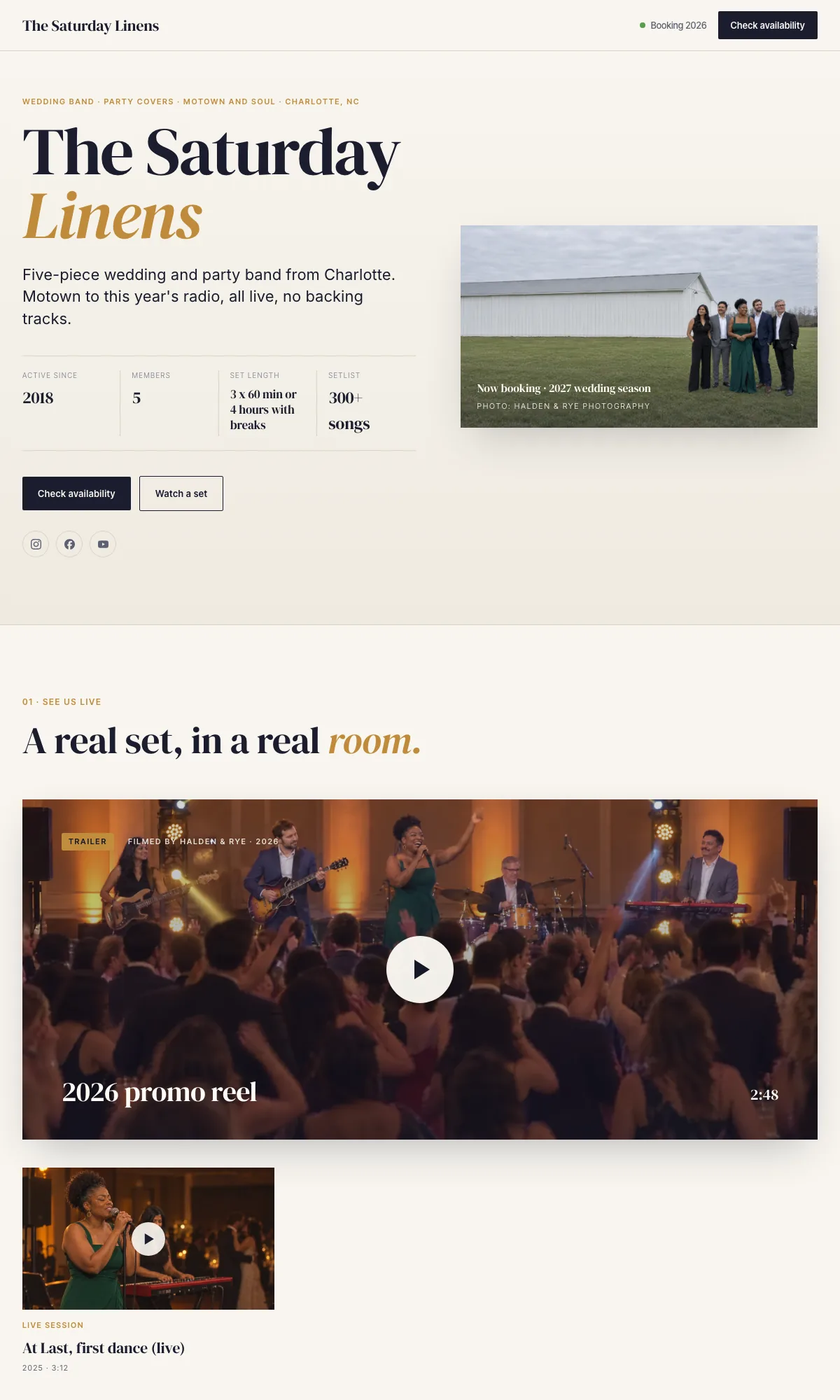 The Marquee template preview · The Saturday Linens sample press kit, a warm paper layout with a sticky Check availability bar, brass accents and quick facts under the band's name.
