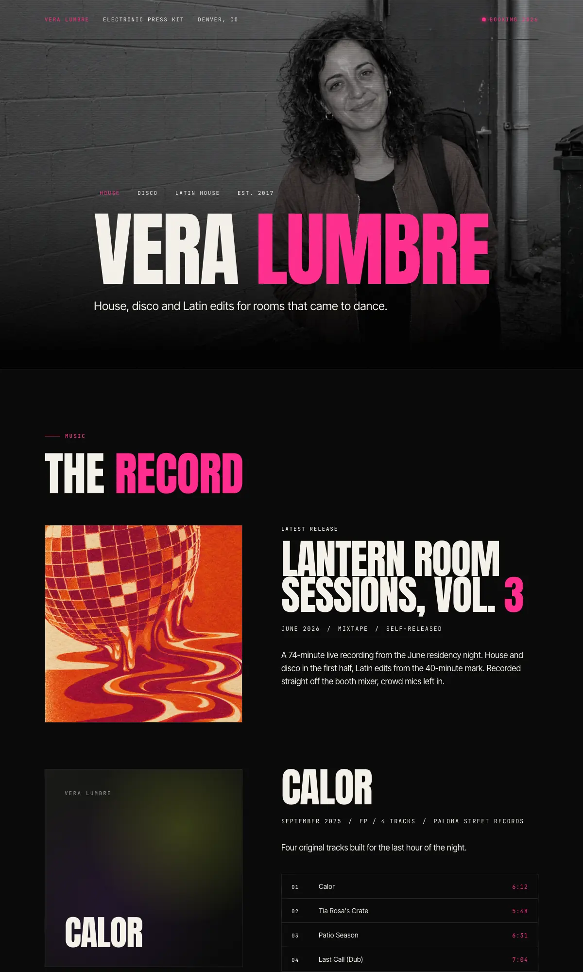 Vera Lumbre sample EPK built on The Spotlight template, a high-contrast layout with oversized display type.