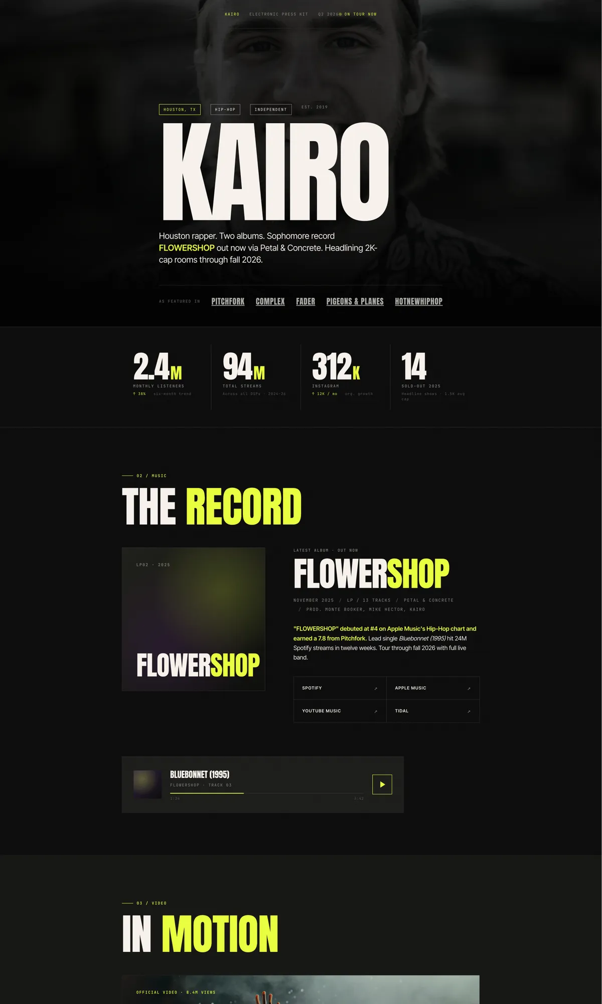 KAIRO example EPK built on The Spotlight template, a high-contrast layout with oversized display type.