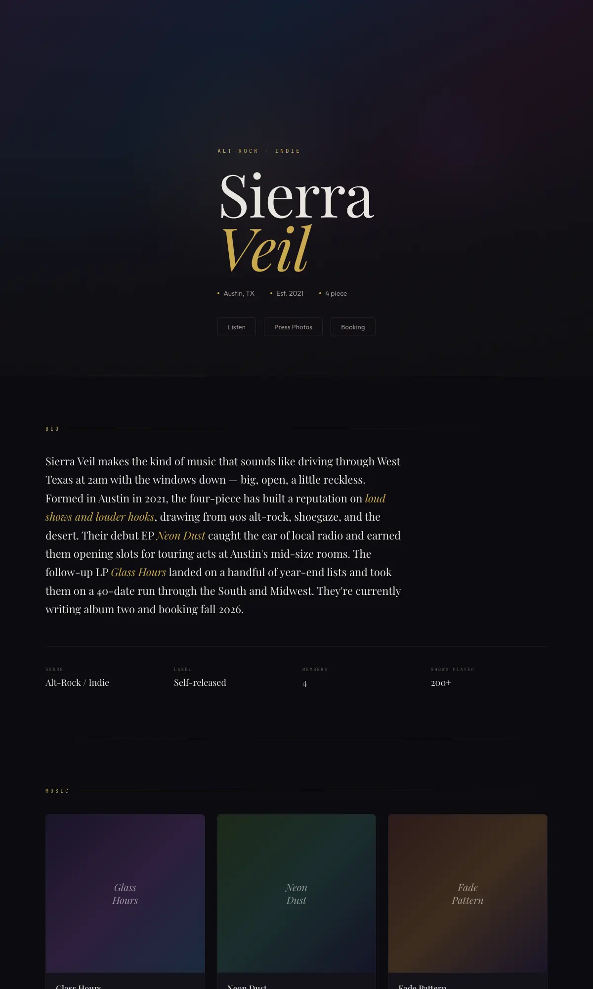 Sierra Veil sample press kit on The Stage template, a dark cinematic layout with gold accents.