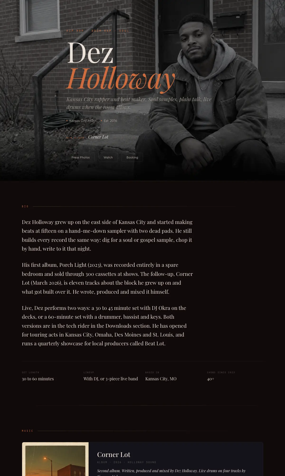 Dez Holloway sample EPK built on The Stage template, a dark cinematic layout with copper accents.