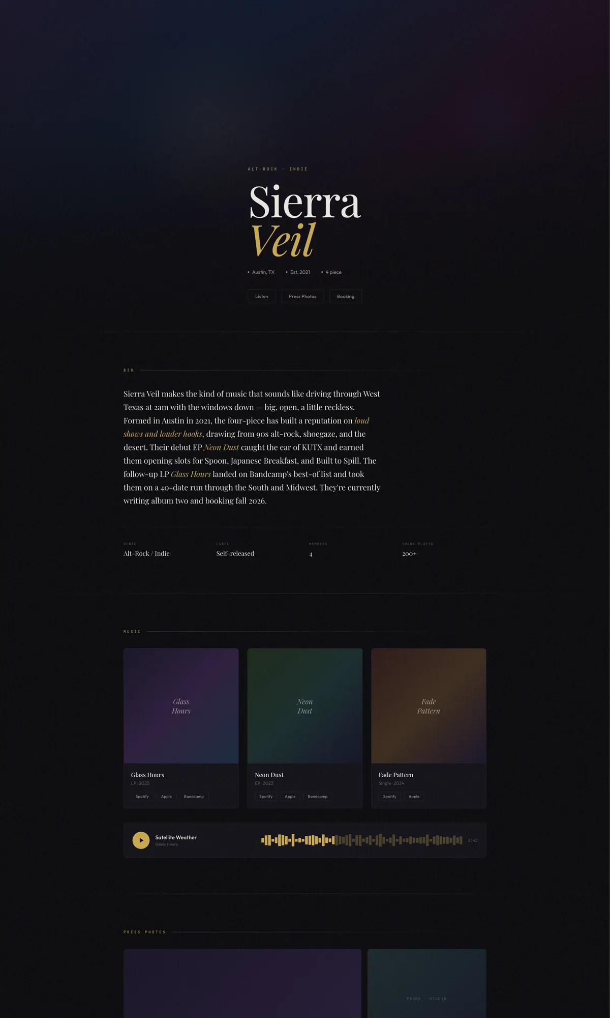 Sierra Veil example EPK built on The Stage template, a dark cinematic layout with gold accents.