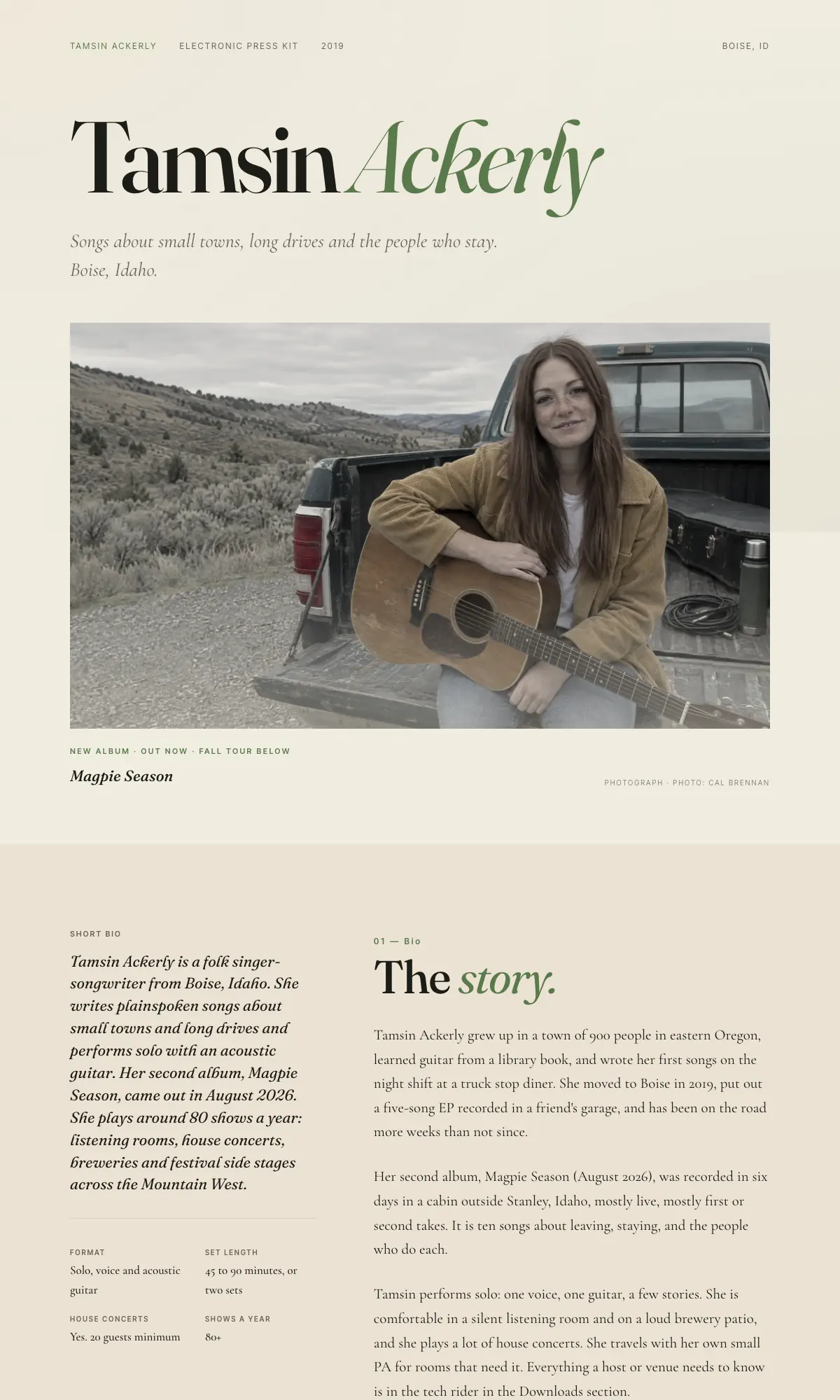 Tamsin Ackerly sample EPK built on The Studio template, a light editorial layout with serif type.