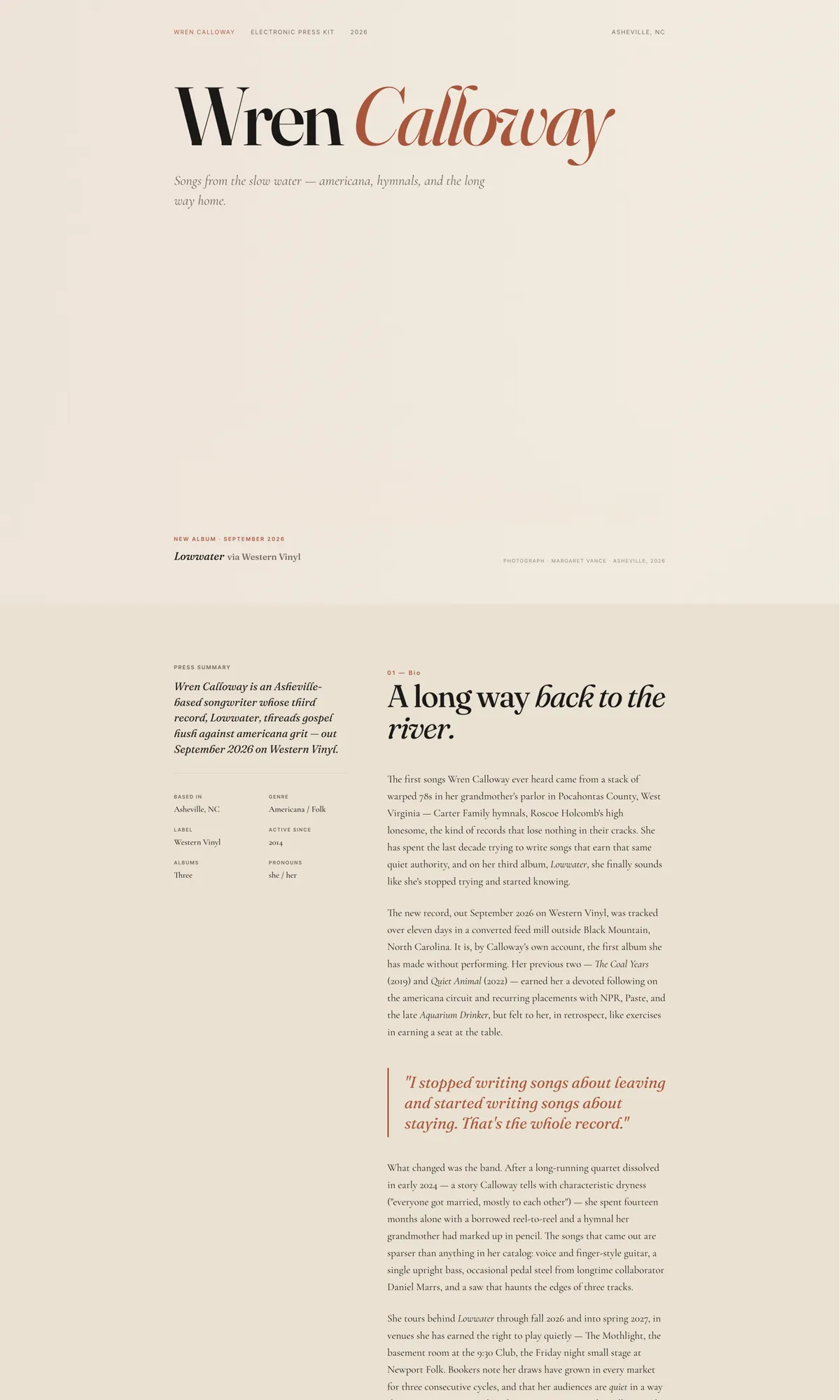 Wren Calloway example EPK built on The Studio template, a cream editorial layout with serif type.